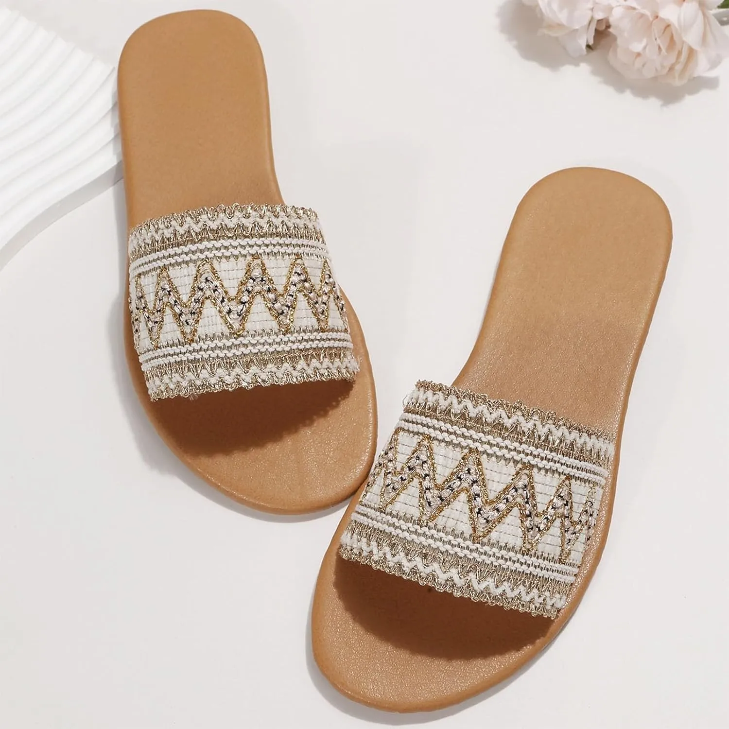 Women's Bohemian Slippers Fashionable Embroidered Beads Beach Slippers Yoga Mat Dress Sandals Walking Sandals