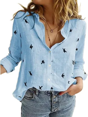Womens Boho Floral Cotton Linen Shirt V Neck Button Down Roll Up Long Sleeve Lapel Blouse Tops 2025