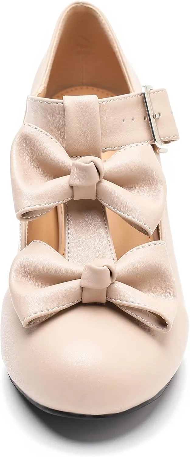 Women's Bow Heel Pumps Vintage T Strap Mary Jane Mid Chunky Heel Dress Shoes