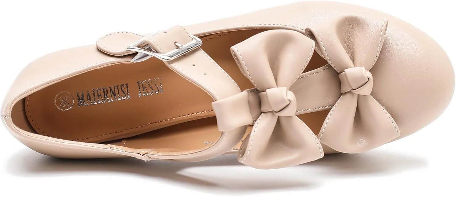 Women's Bow Heel Pumps Vintage T Strap Mary Jane Mid Chunky Heel Dress Shoes