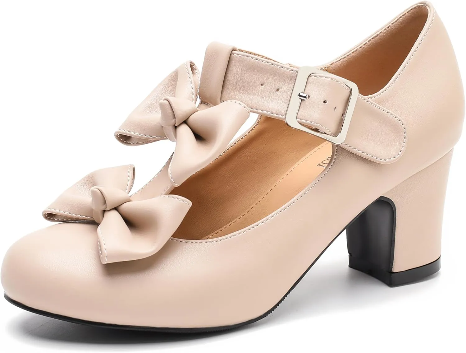 Women's Bow Heel Pumps Vintage T Strap Mary Jane Mid Chunky Heel Dress Shoes