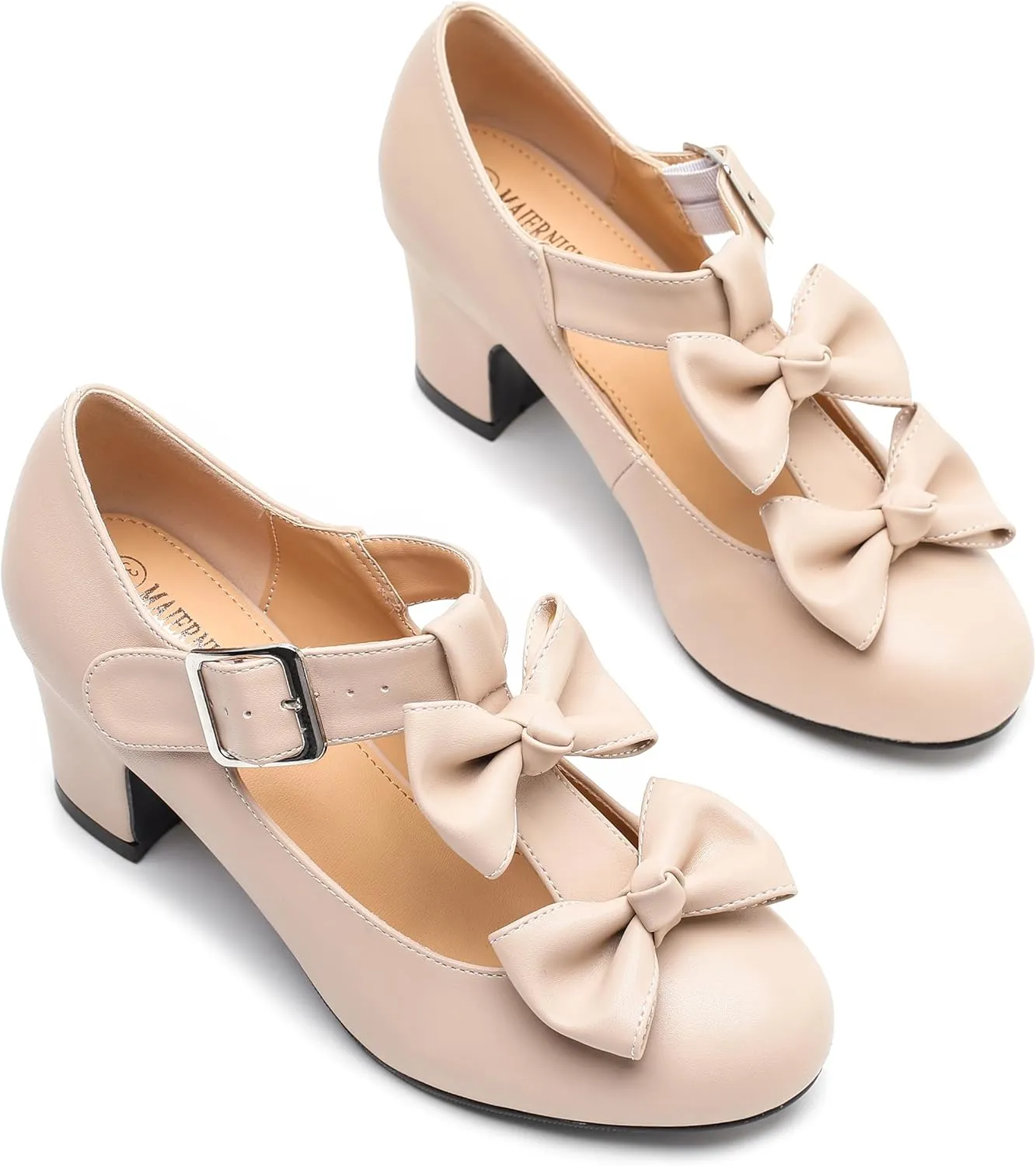 Women's Bow Heel Pumps Vintage T Strap Mary Jane Mid Chunky Heel Dress Shoes