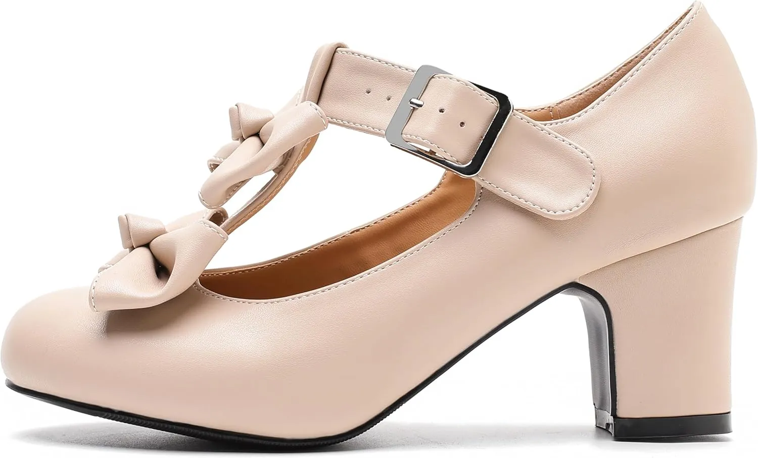 Women's Bow Heel Pumps Vintage T Strap Mary Jane Mid Chunky Heel Dress Shoes