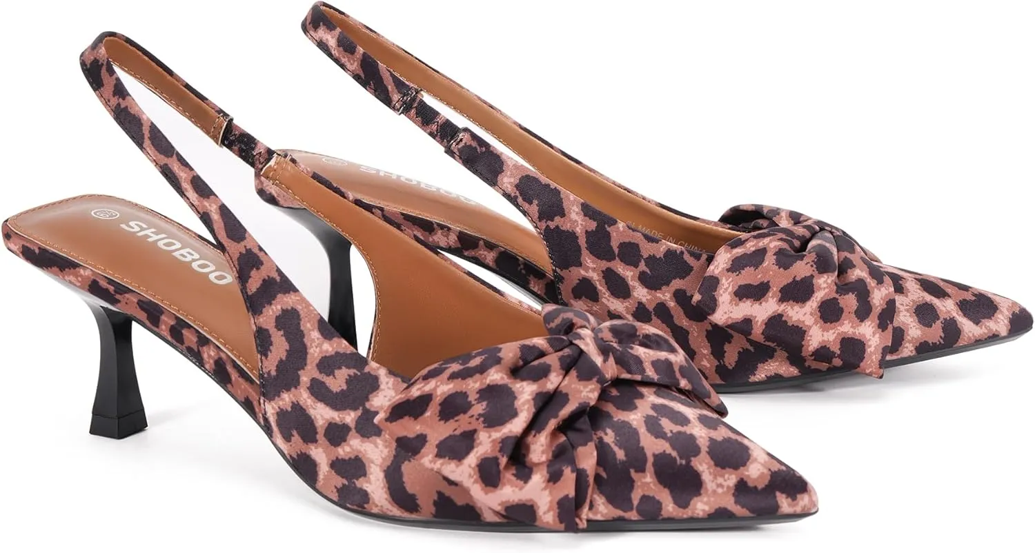 Women's Bow Slingback Heels Pointed Toe Kitten Pumps Dress Shoes with Elastic Strap - 2.4'' Inches Height