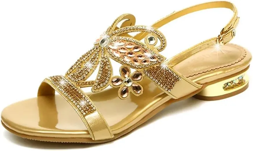 Womens Buckle Strap Back Strap Square Heel Open Side Vamp Sandals Rhinestone Detail Casual Summer Sandals