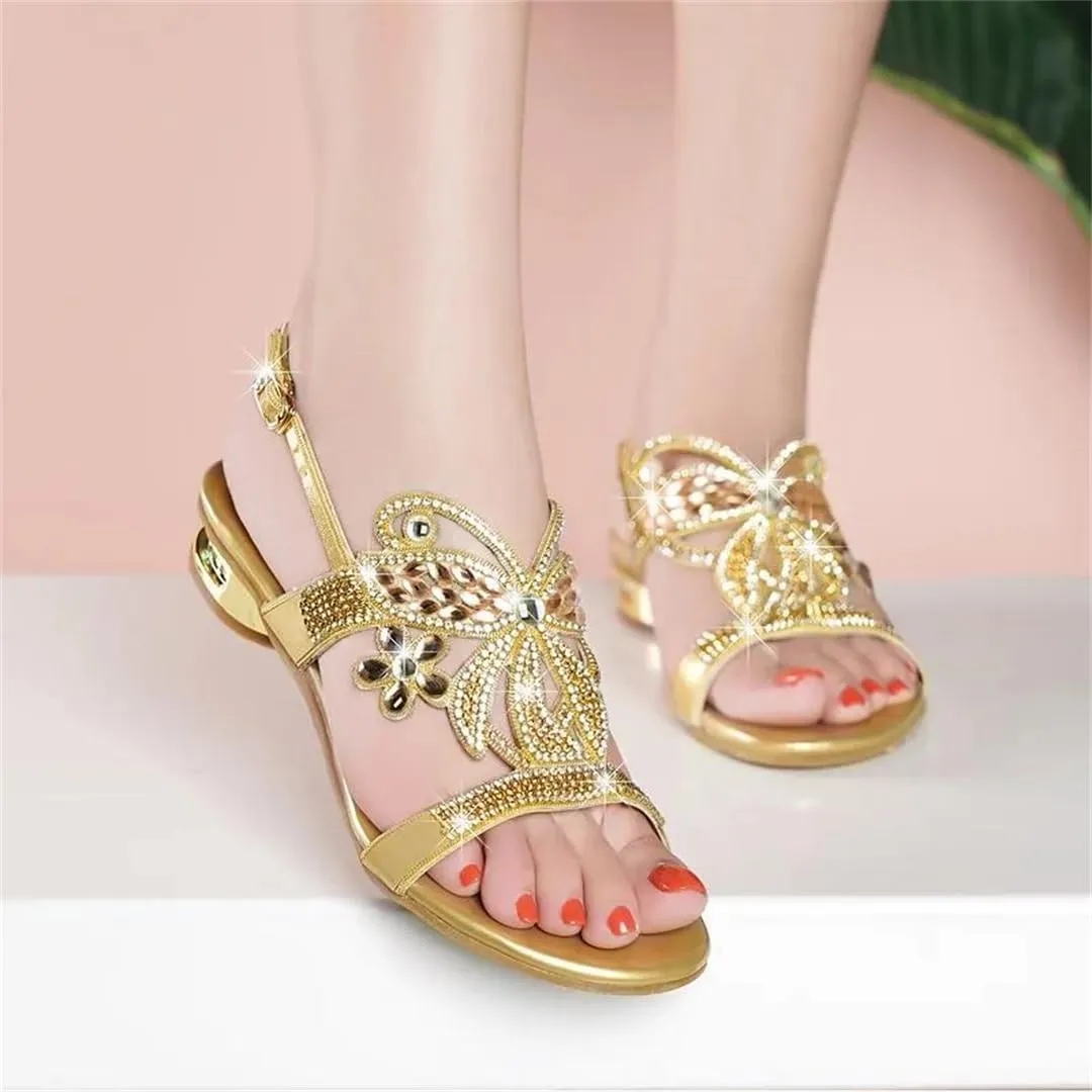 Womens Buckle Strap Back Strap Square Heel Open Side Vamp Sandals Rhinestone Detail Casual Summer Sandals