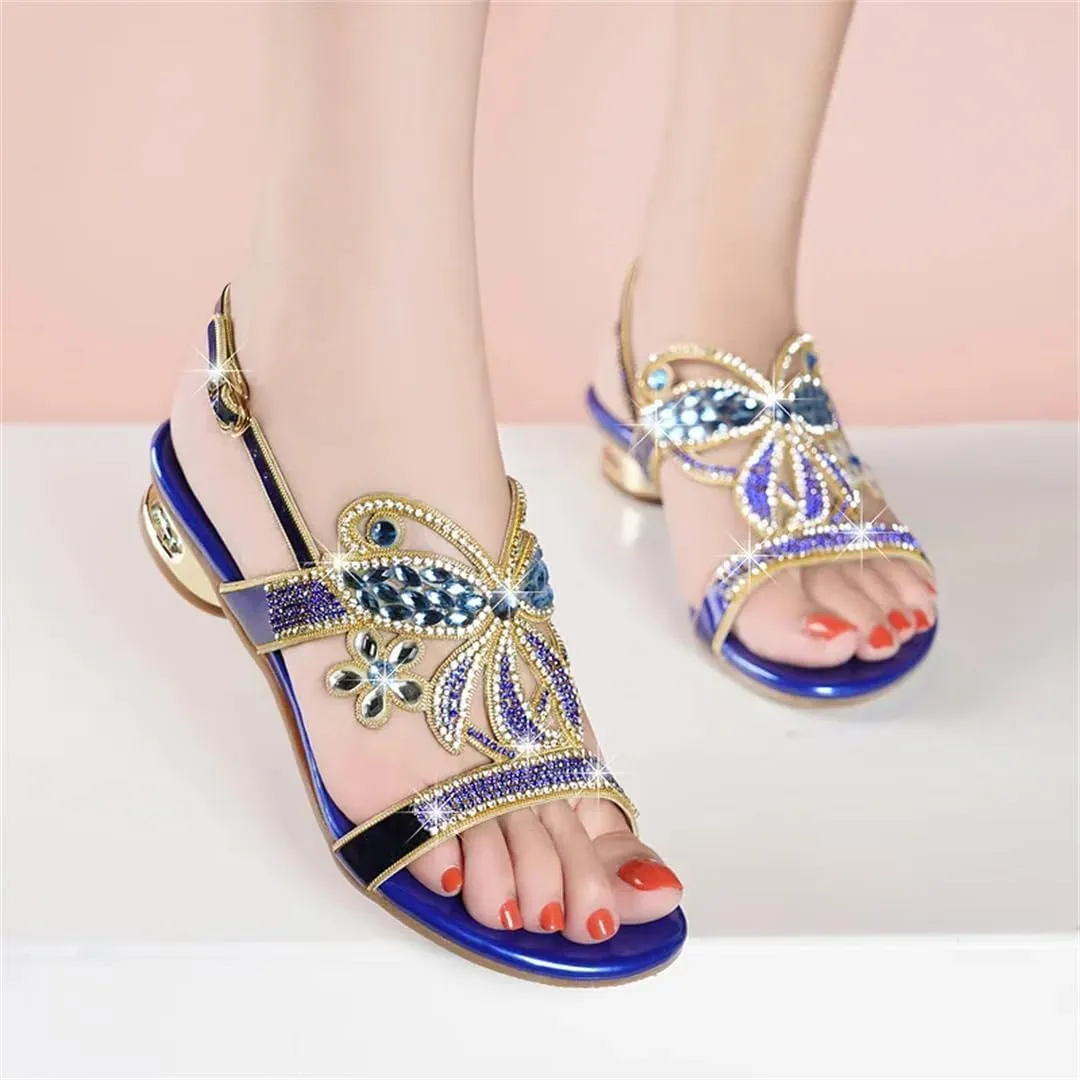 Womens Buckle Strap Back Strap Square Heel Open Side Vamp Sandals Rhinestone Detail Casual Summer Sandals