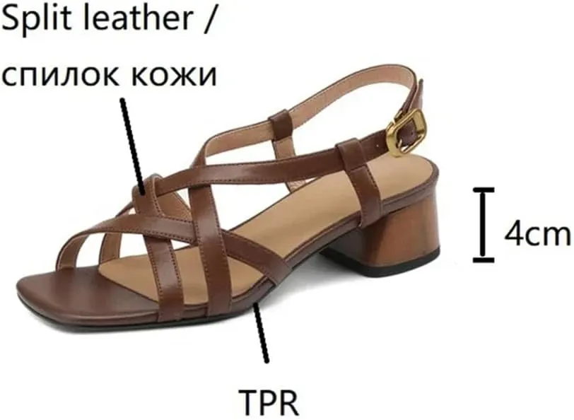 Womens Buckle Strap Back Strap Square Heel Open Side Vamp Sandals Split Leather Chunky Heel Narrow Band Casual