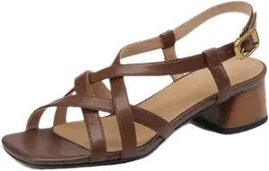 Womens Buckle Strap Back Strap Square Heel Open Side Vamp Sandals Split Leather Chunky Heel Narrow Band Casual