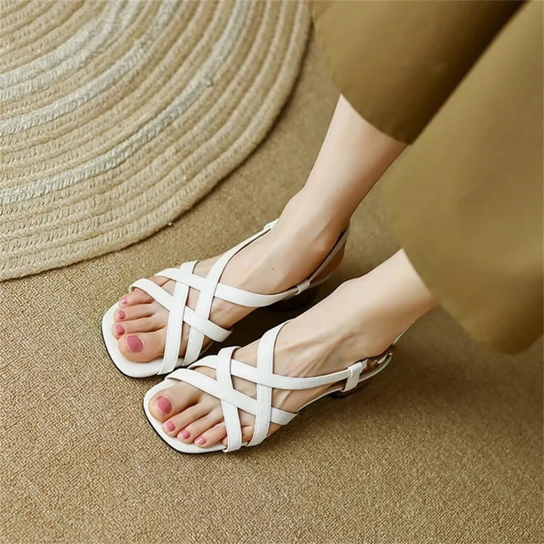 Womens Buckle Strap Back Strap Square Heel Open Side Vamp Sandals Split Leather Chunky Heel Narrow Band Casual