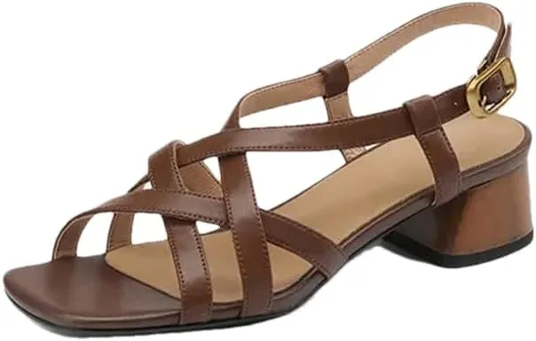 Womens Buckle Strap Back Strap Square Heel Open Side Vamp Sandals Split Leather Chunky Heel Narrow Band Casual