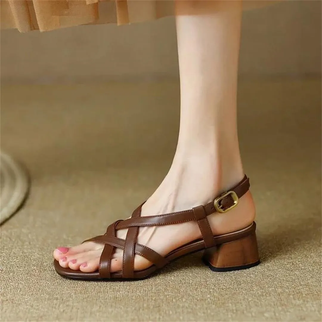 Womens Buckle Strap Back Strap Square Heel Open Side Vamp Sandals Split Leather Chunky Heel Narrow Band Casual
