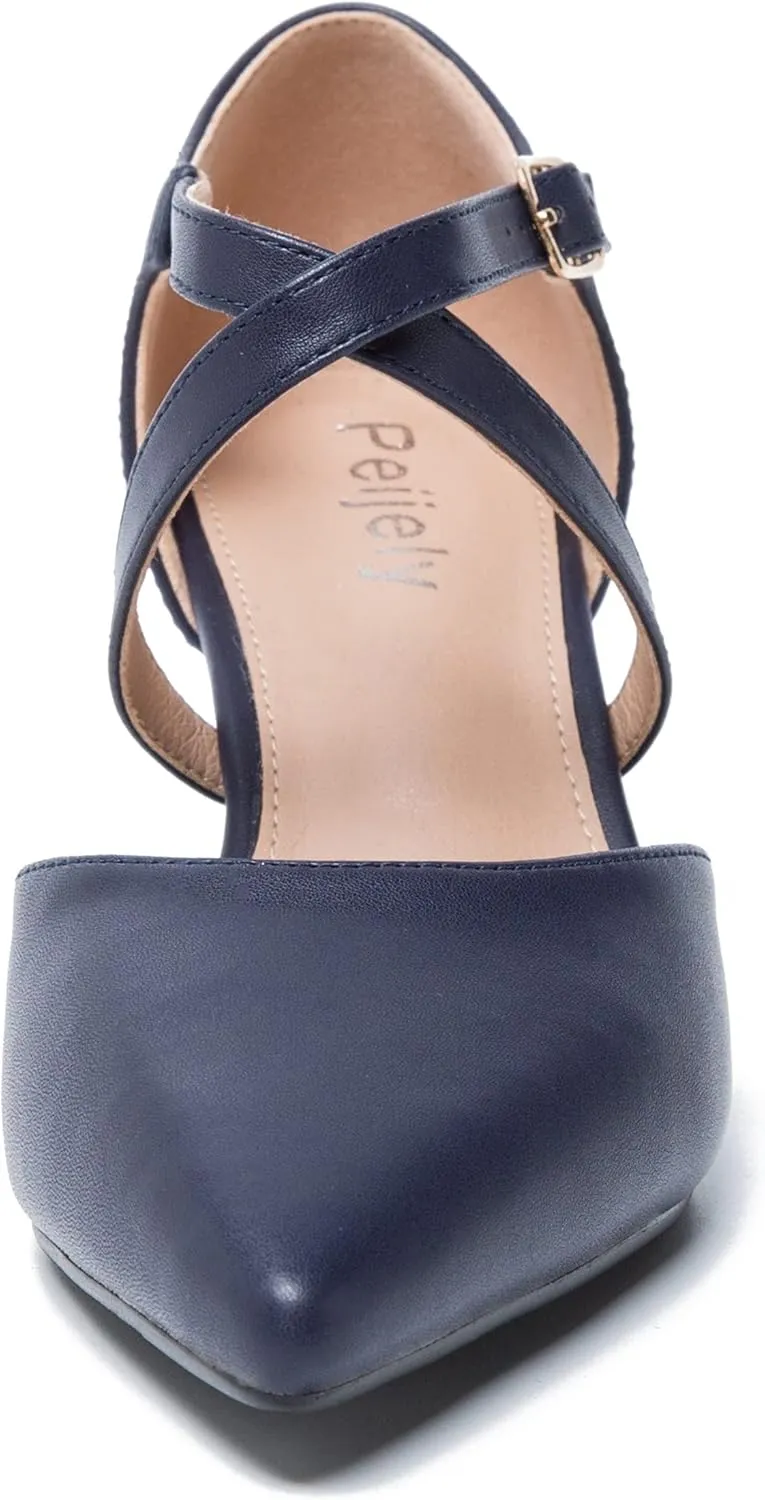Women's Chunky Heel Pumps Cross Strap Closed Pointed Toe Dress Shoes