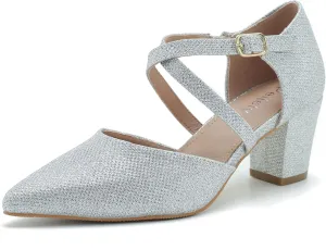 Women's Chunky Heel Pumps Cross Strap Closed Pointed Toe Dress Shoes