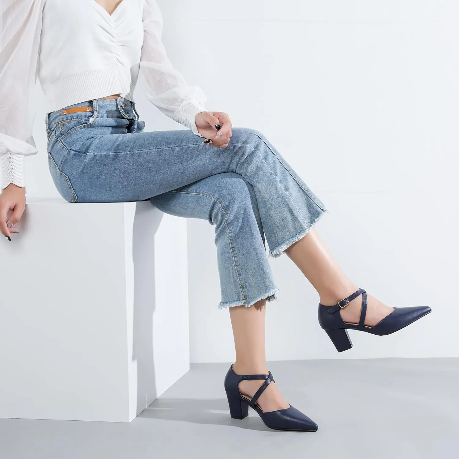 Women's Chunky Heel Pumps Cross Strap Closed Pointed Toe Dress Shoes