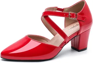 Women's Chunky Heel Pumps Cross Strap Closed Pointed Toe Dress Shoes