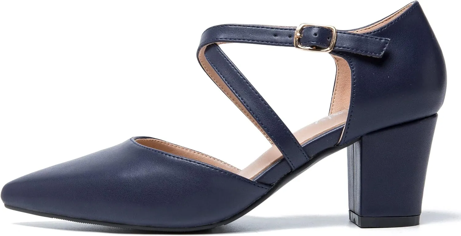 Women's Chunky Heel Pumps Cross Strap Closed Pointed Toe Dress Shoes