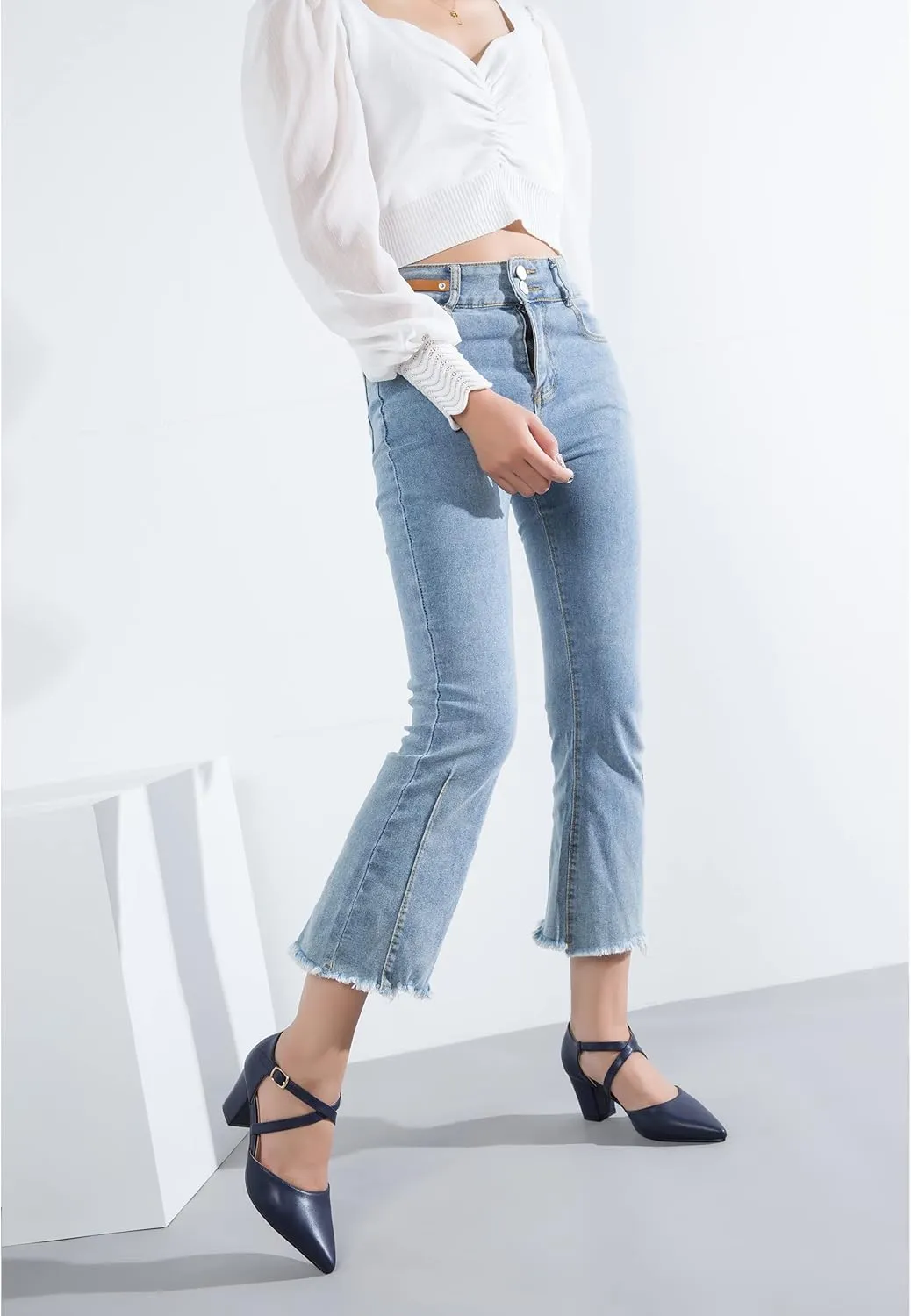 Women's Chunky Heel Pumps Cross Strap Closed Pointed Toe Dress Shoes