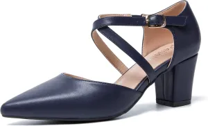 Women's Chunky Heel Pumps Cross Strap Closed Pointed Toe Dress Shoes
