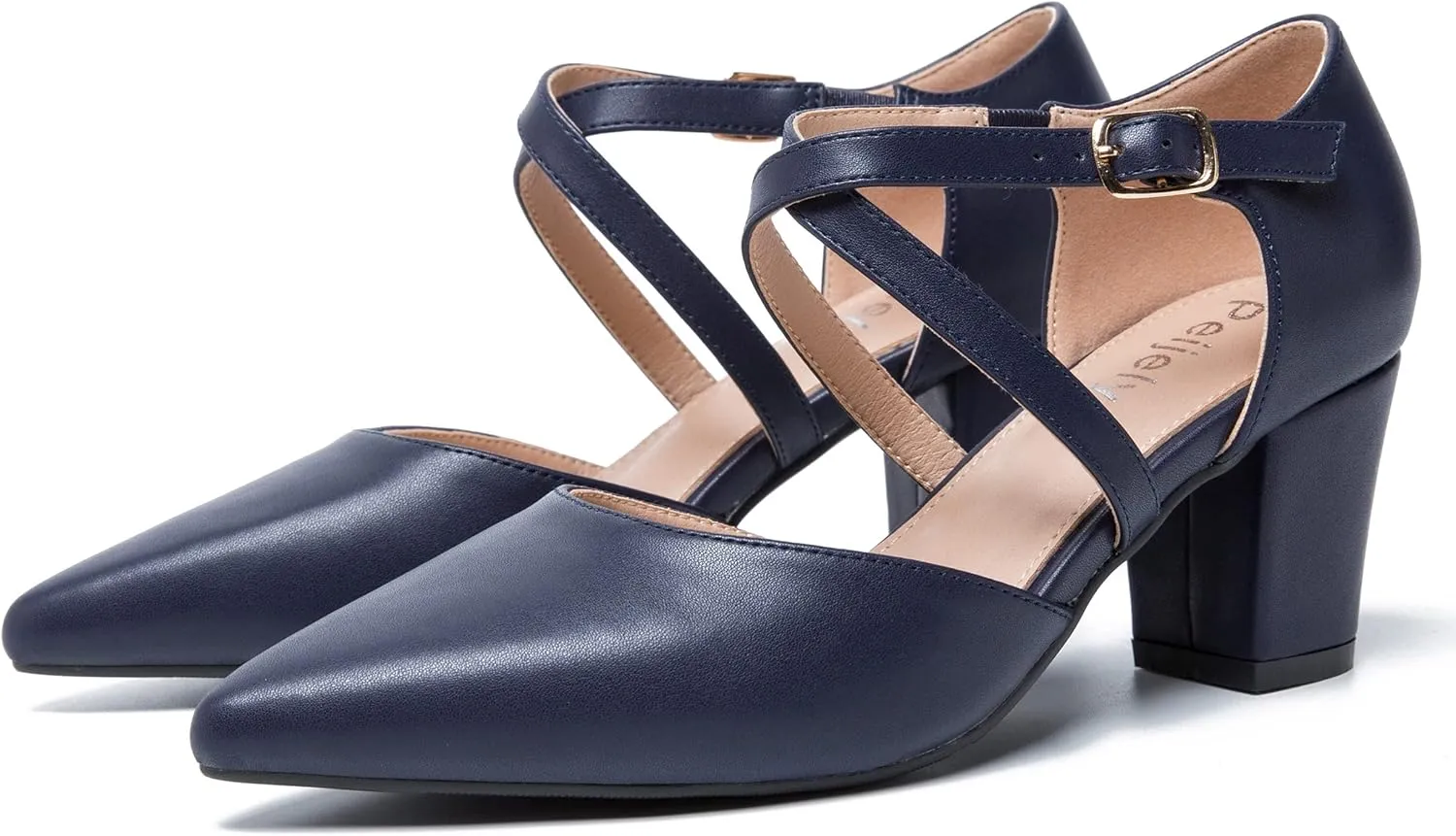 Women's Chunky Heel Pumps Cross Strap Closed Pointed Toe Dress Shoes