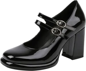 Women's Chunky Heels Platform Mary Janes Square Toe Pumps 3 Strap Patent Leather Block High Heel Dress Shoes