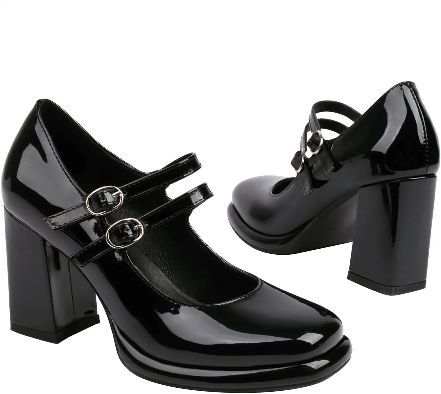 Women's Chunky Heels Platform Mary Janes Square Toe Pumps 3 Strap Patent Leather Block High Heel Dress Shoes