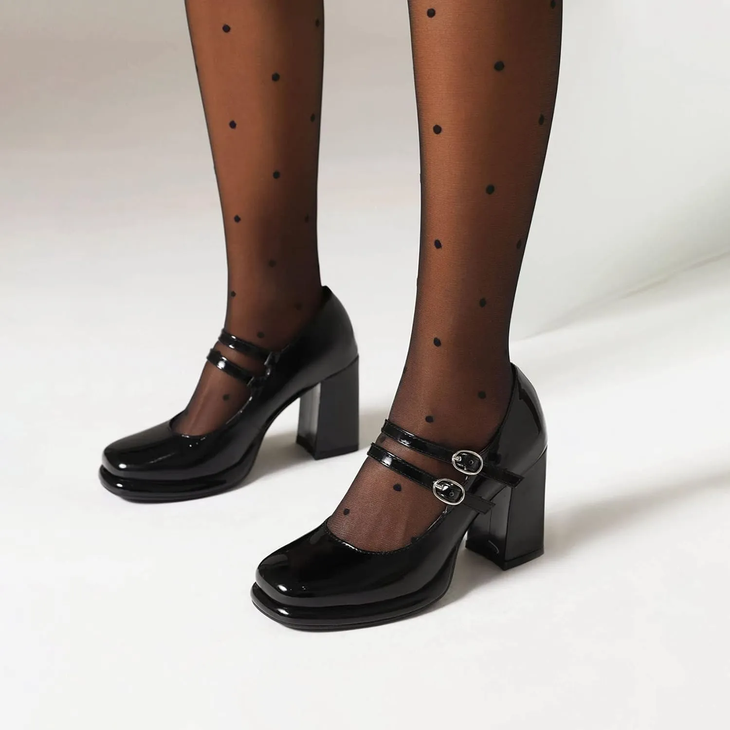 Women's Chunky Heels Platform Mary Janes Square Toe Pumps 3 Strap Patent Leather Block High Heel Dress Shoes