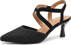 Women's Closed Toe Low Kitten Heel Knit Pumps Elastic Ankle Strap Pointed Toe Slingback Comfortable Dress Wedding Party Shoes