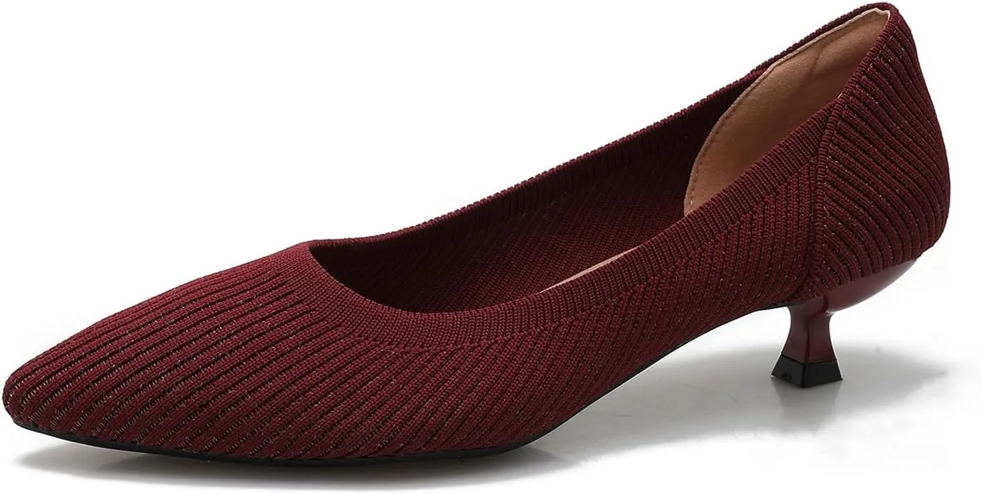 Women's Closed Toe Low Kitten Pumps Comfortable Pointed Toe Work Office Heels Shoes for Women Casual Slip On Knitted Kitten Heels Daily Dress Shoes