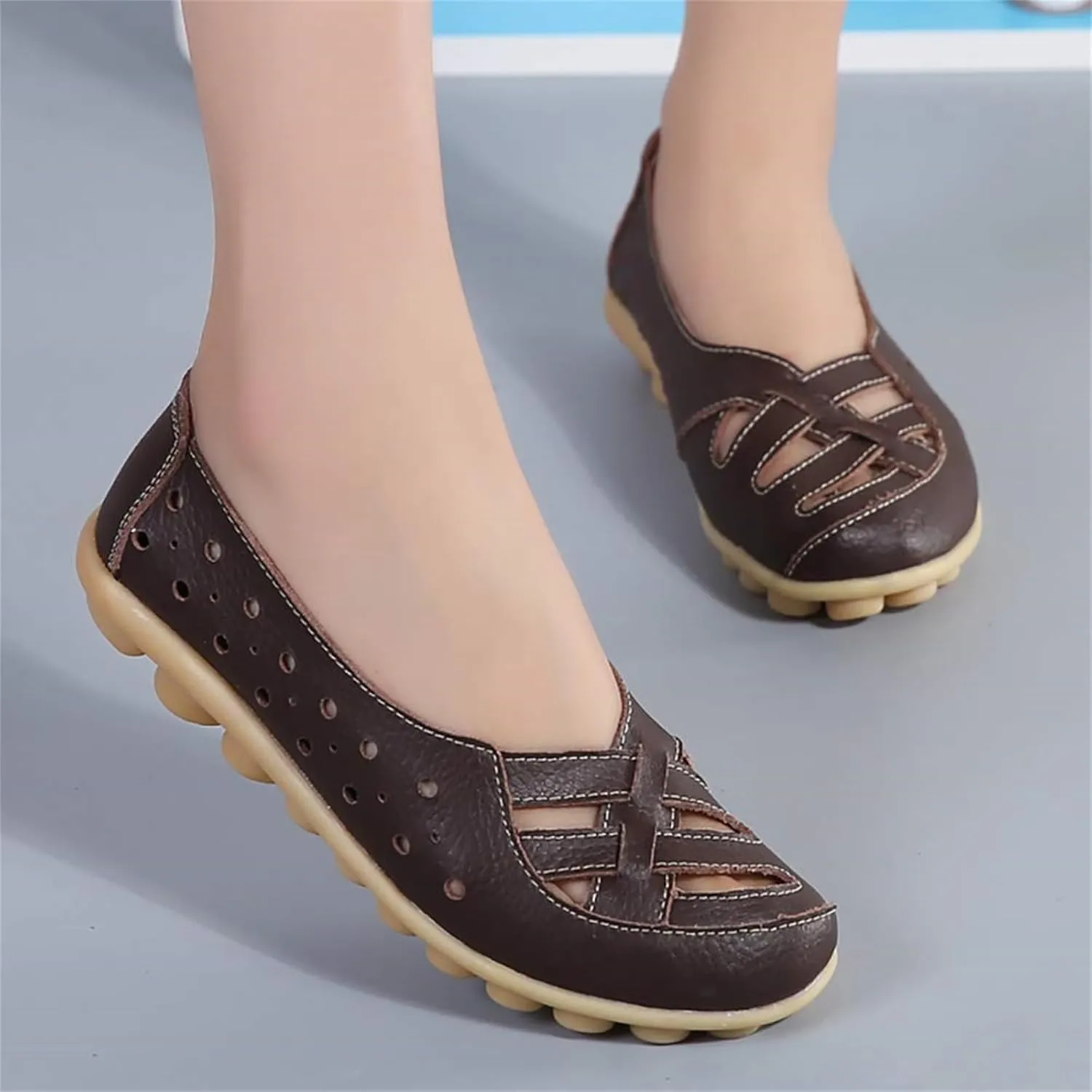 womens comfort sandals Breathable Leather Hollow Out Loafer Flats Summer Slip-On Cutout Sandals Casual Round Toe Orthopedic Loafers Fashion Soft Shoes