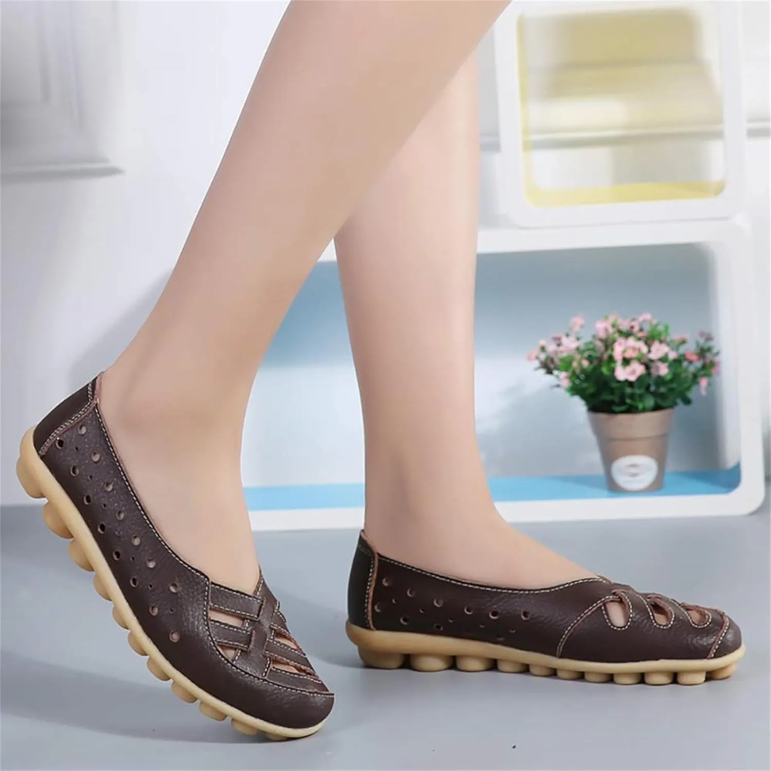 womens comfort sandals Breathable Leather Hollow Out Loafer Flats Summer Slip-On Cutout Sandals Casual Round Toe Orthopedic Loafers Fashion Soft Shoes