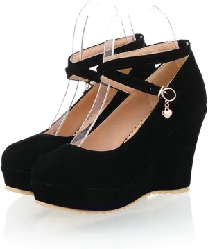 Womens Cross Strap Dress Pumps Slip On Comfortable Casual Round Toe Platform Wedge High Heel Shoes