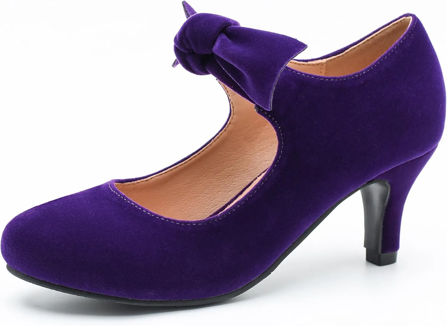Women's Cute Bow Heels Mary Jane Kitten Heel Pumps Closed Round Toe Low Heels Ankle Strap Wedding Evening Party Dress Office Work Church Shoes
