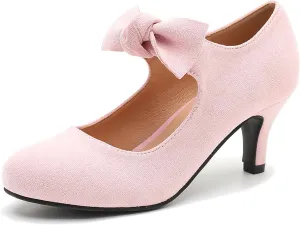 Women's Cute Bow Heels Mary Jane Kitten Heel Pumps Closed Round Toe Low Heels Ankle Strap Wedding Evening Party Dress Office Work Church Shoes