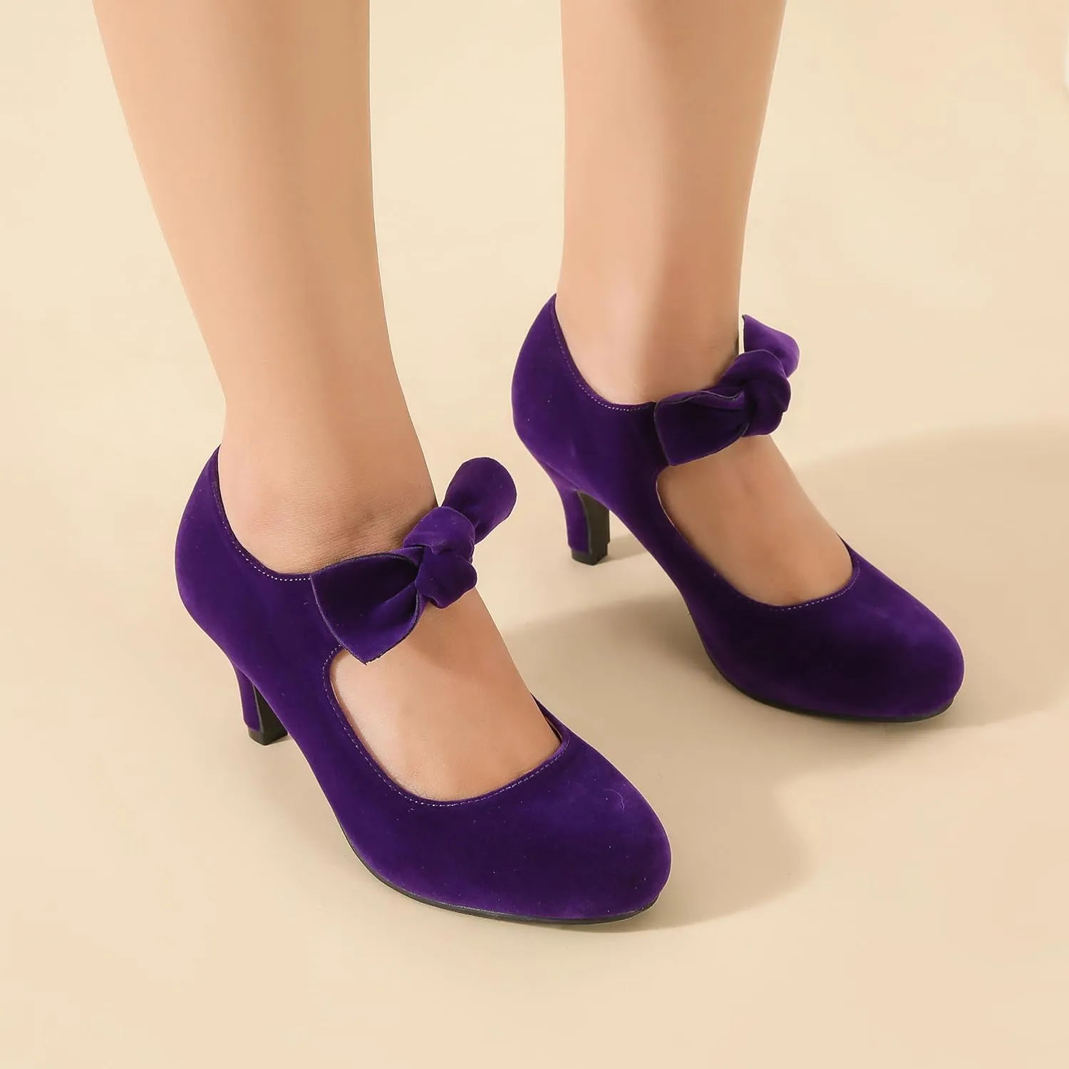 Women's Cute Bow Heels Mary Jane Kitten Heel Pumps Closed Round Toe Low Heels Ankle Strap Wedding Evening Party Dress Office Work Church Shoes