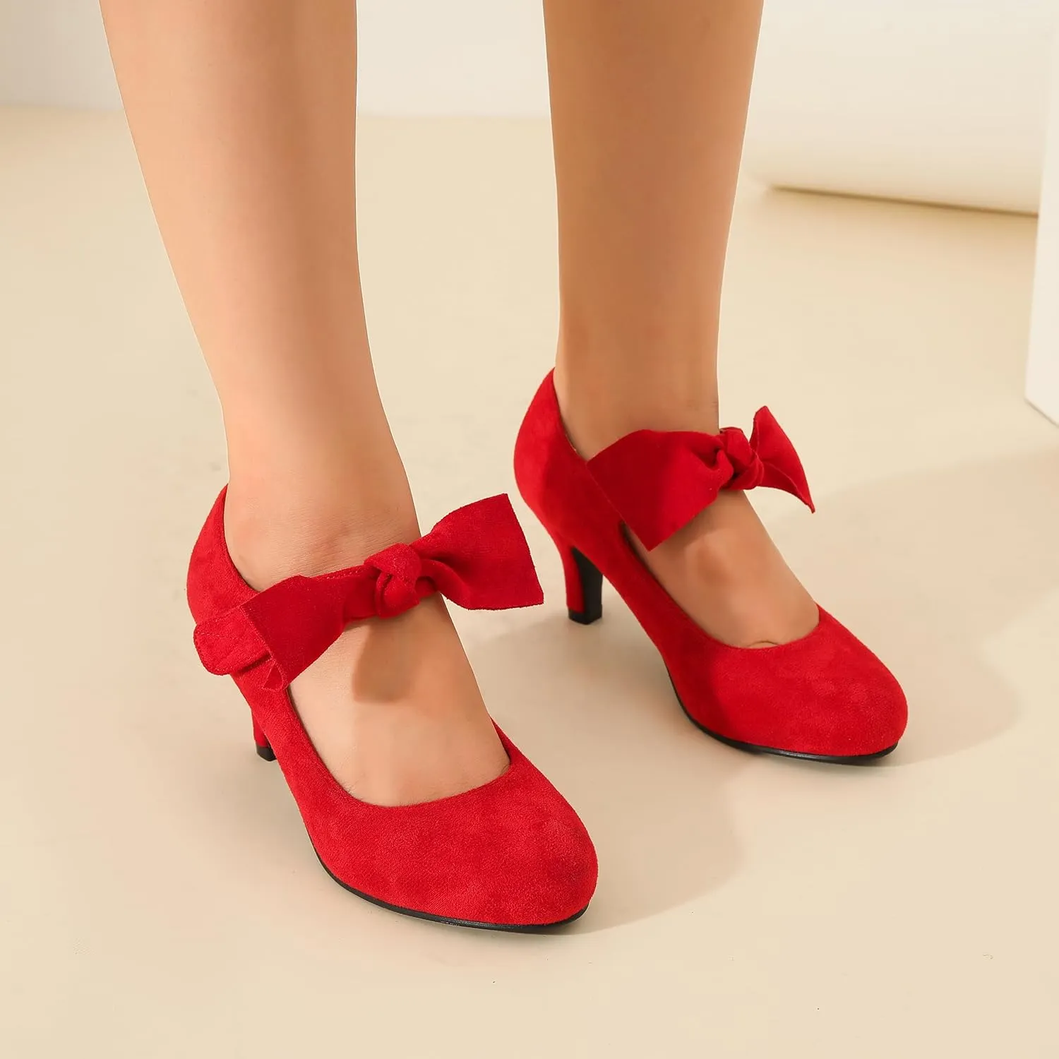 Women's Cute Bow Heels Mary Jane Low Kitten Heel Pumps Closed Toe Bowtie Ankle Strap Hook & Loop Vintage Wedding Evening Party Dress Office Work Church Shoes