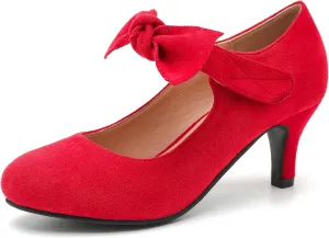 Women's Cute Bow Heels Mary Jane Low Kitten Heel Pumps Closed Toe Bowtie Ankle Strap Hook & Loop Vintage Wedding Evening Party Dress Office Work Church Shoes