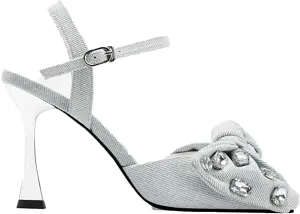 Women's Denim Rhinestone Bow Kitten Heel Slingback Pumps with Adjust Ankle Strap Square Closed Toe Stiletto Heeled Dress Sandals for Bridal Wedding Dress Party Shoes