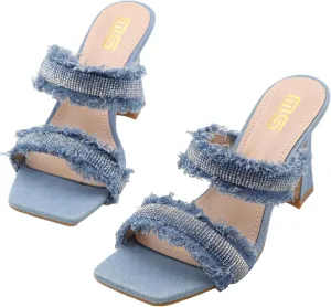Women's Denim Rhinestone Double Strap High Heel Sandals Fashion Square Toe Slip-On Open Toe High Heel Sandals