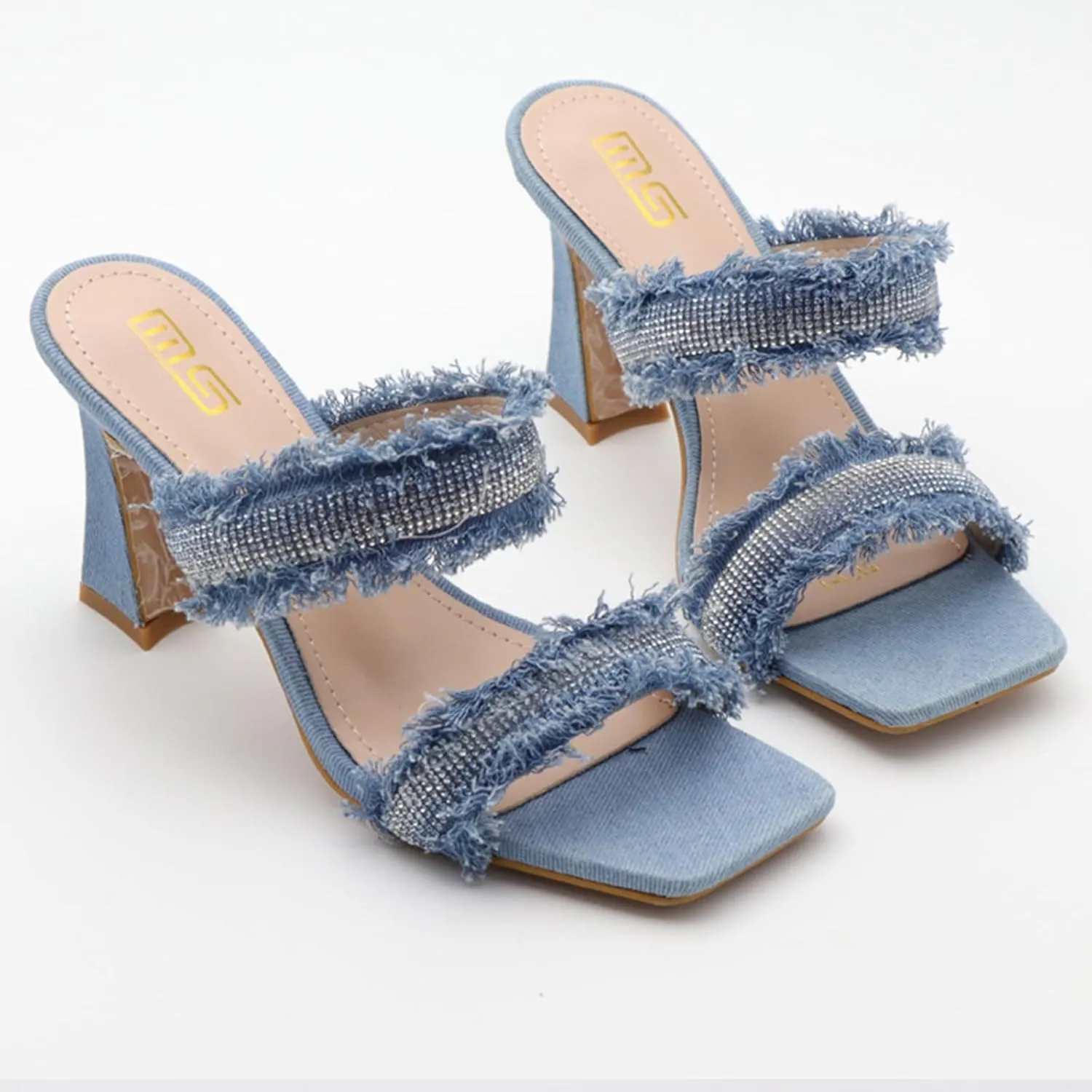 Women's Denim Rhinestone Double Strap High Heel Sandals Fashion Square Toe Slip-On Open Toe High Heel Sandals
