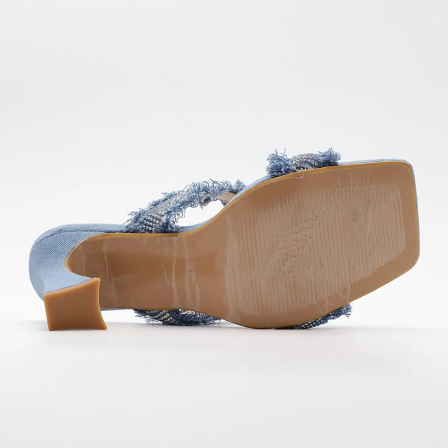 Women's Denim Rhinestone Double Strap High Heel Sandals Fashion Square Toe Slip-On Open Toe High Heel Sandals