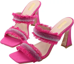 Women's Denim Rhinestone Double Strap High Heel Sandals Fashion Square Toe Slip-On Open Toe High Heel Sandals