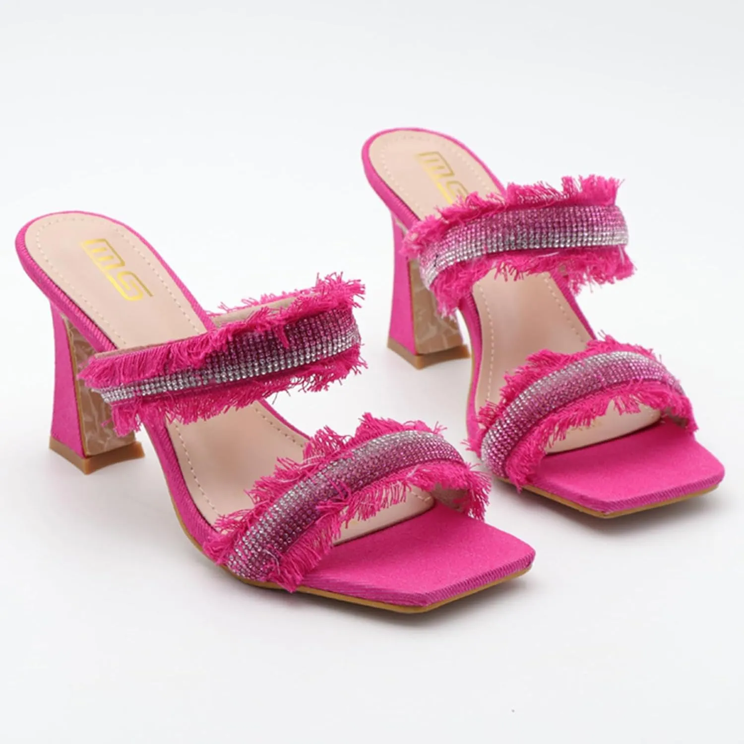Women's Denim Rhinestone Double Strap High Heel Sandals Fashion Square Toe Slip-On Open Toe High Heel Sandals