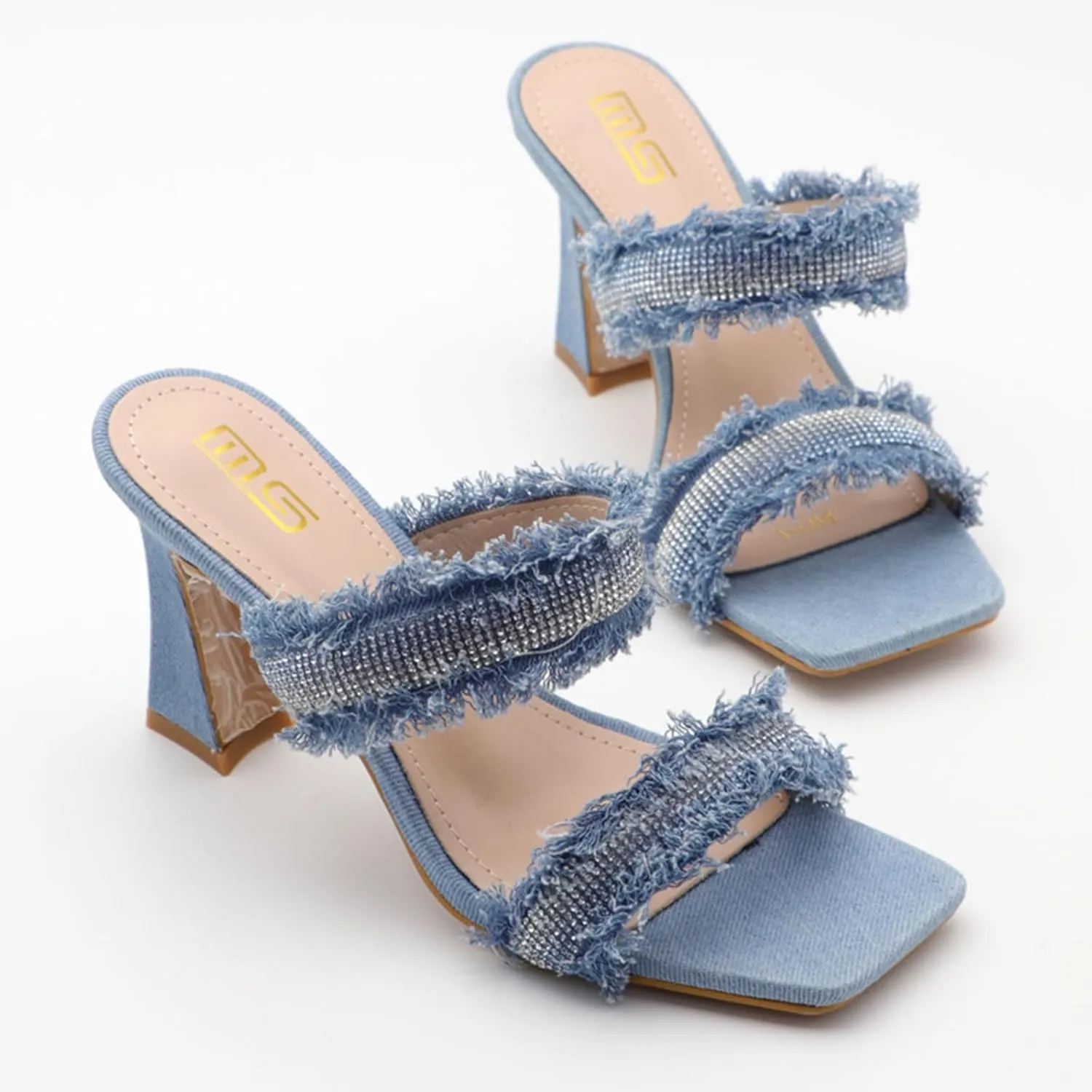 Women's Denim Rhinestone Double Strap High Heel Sandals Fashion Square Toe Slip-On Open Toe High Heel Sandals
