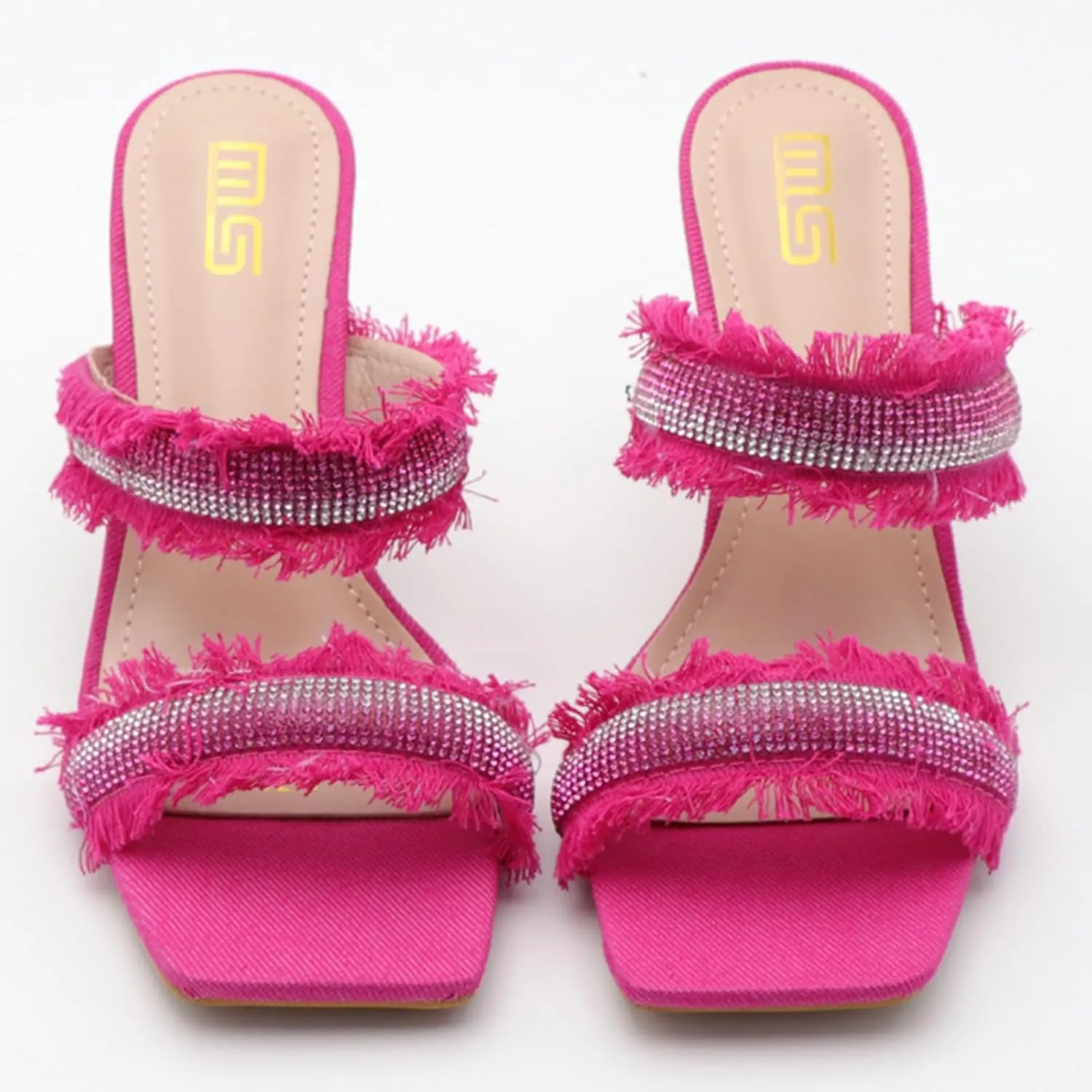 Women's Denim Rhinestone Double Strap High Heel Sandals Fashion Square Toe Slip-On Open Toe High Heel Sandals
