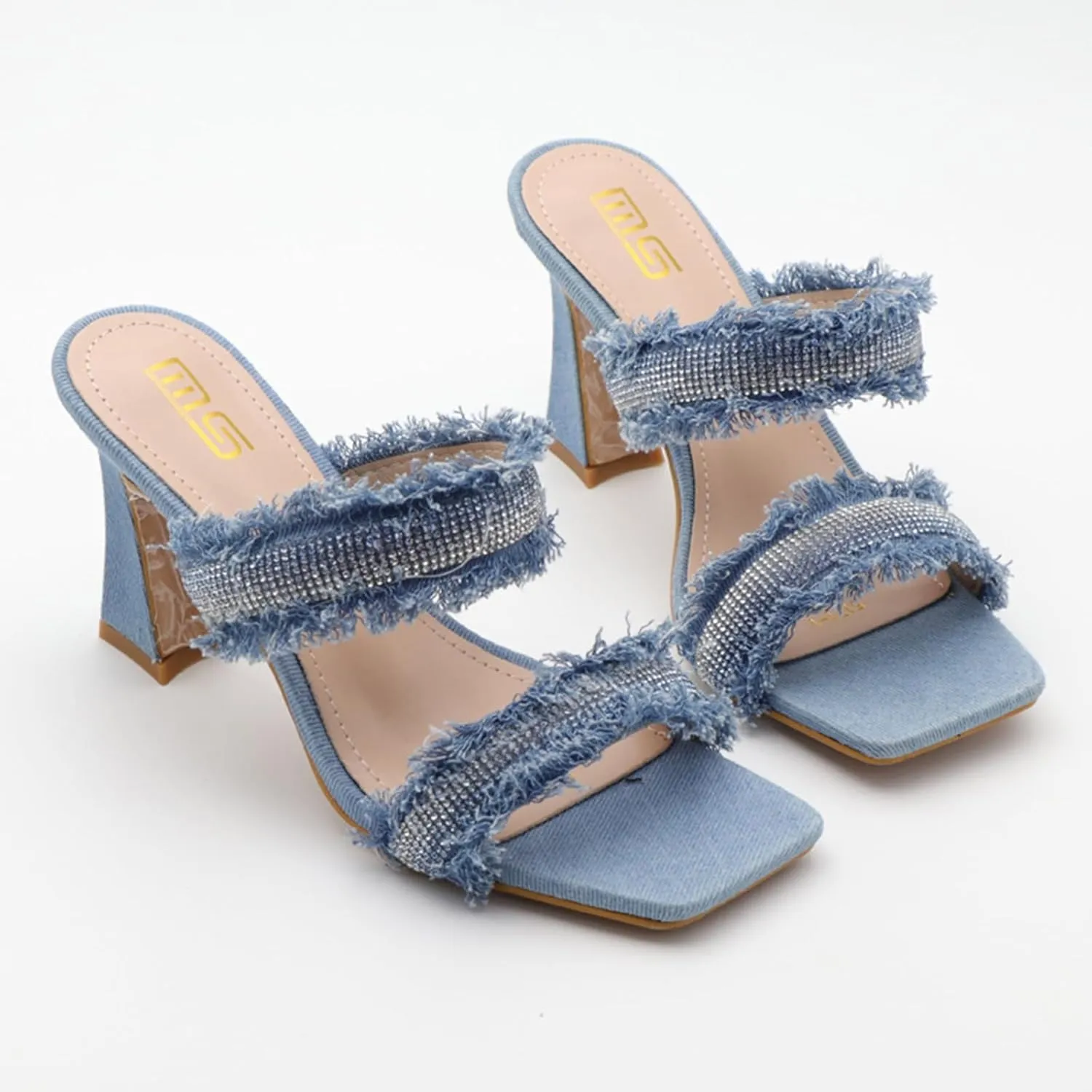 Women's Denim Rhinestone Double Strap High Heel Sandals Fashion Square Toe Slip-On Open Toe High Heel Sandals
