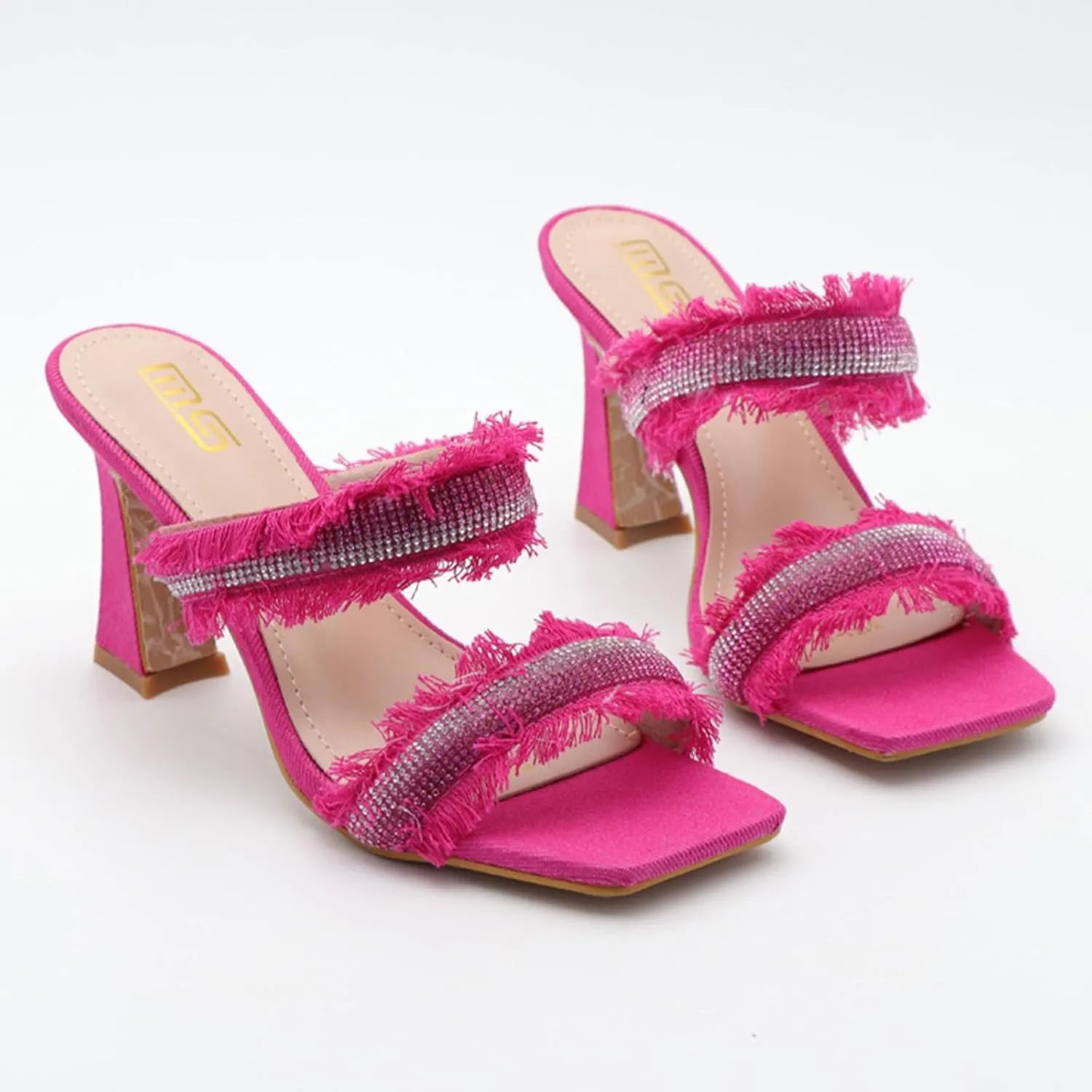 Women's Denim Rhinestone Double Strap High Heel Sandals Fashion Square Toe Slip-On Open Toe High Heel Sandals
