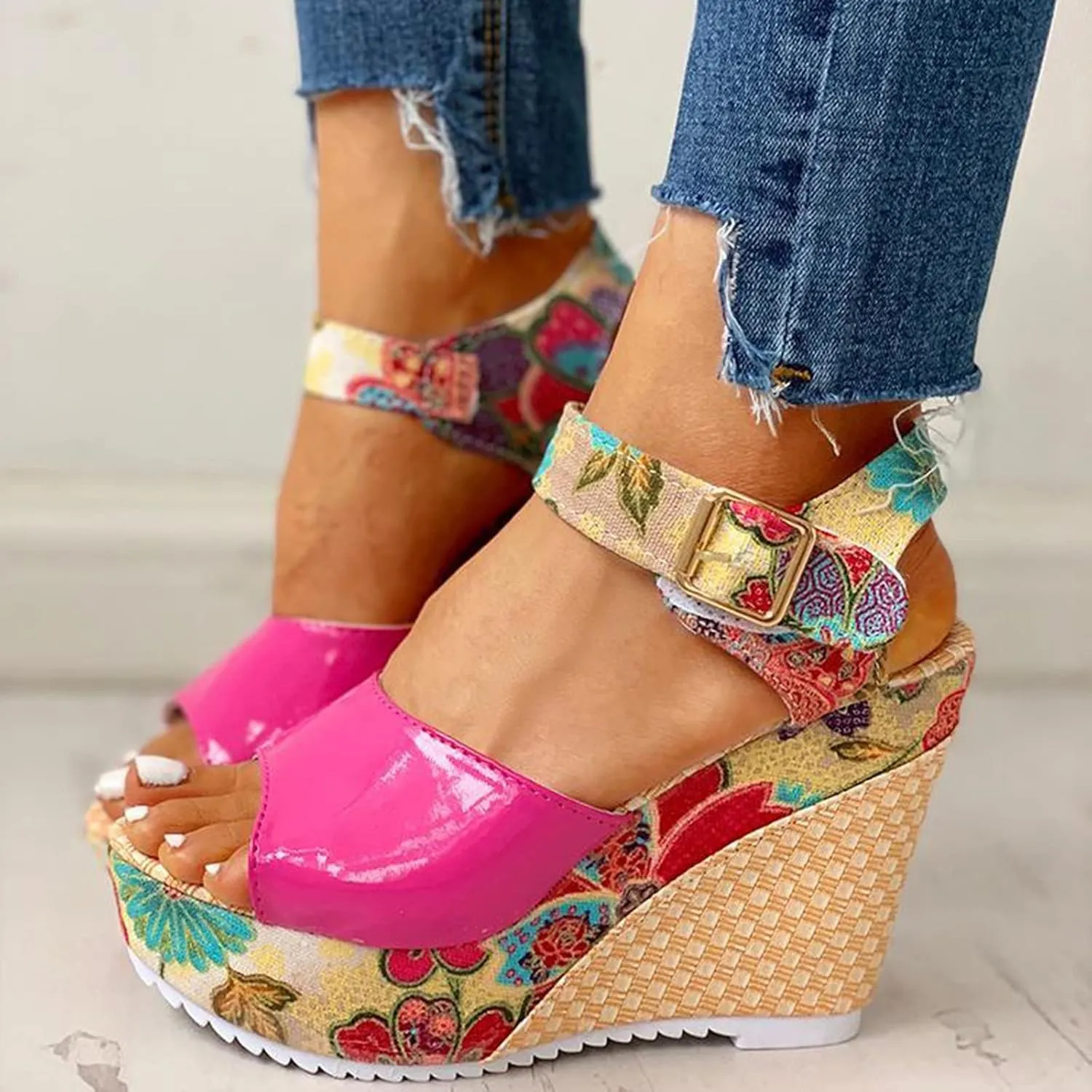 Women's Espadrille Wedges Sandals Heels Open Toe Platform Buckle Ankle Strap Summer Dress Shoes, Elegant Floral Classic Wedge Sandals Fish Mouth Breathable Espadrilles