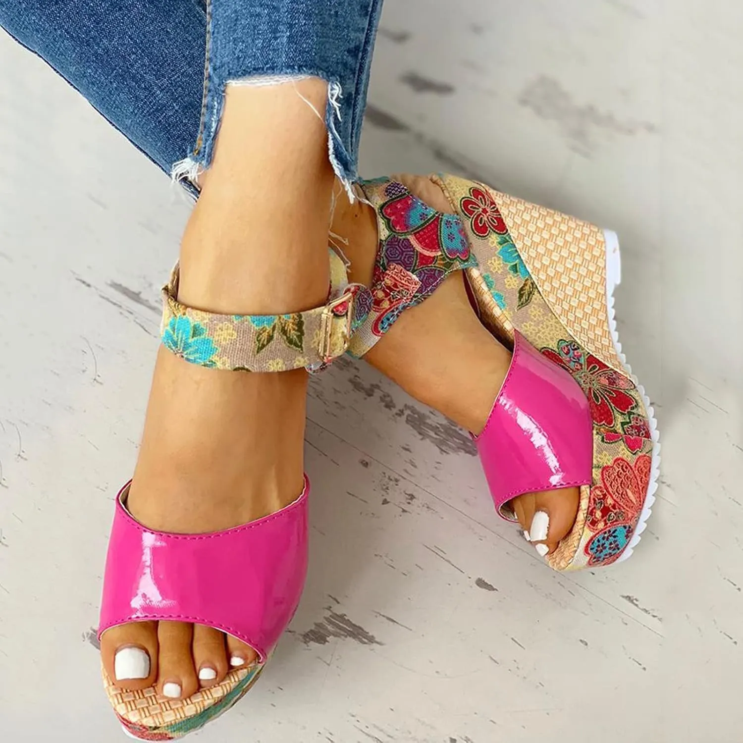 Women's Espadrille Wedges Sandals Heels Open Toe Platform Buckle Ankle Strap Summer Dress Shoes, Elegant Floral Classic Wedge Sandals Fish Mouth Breathable Espadrilles