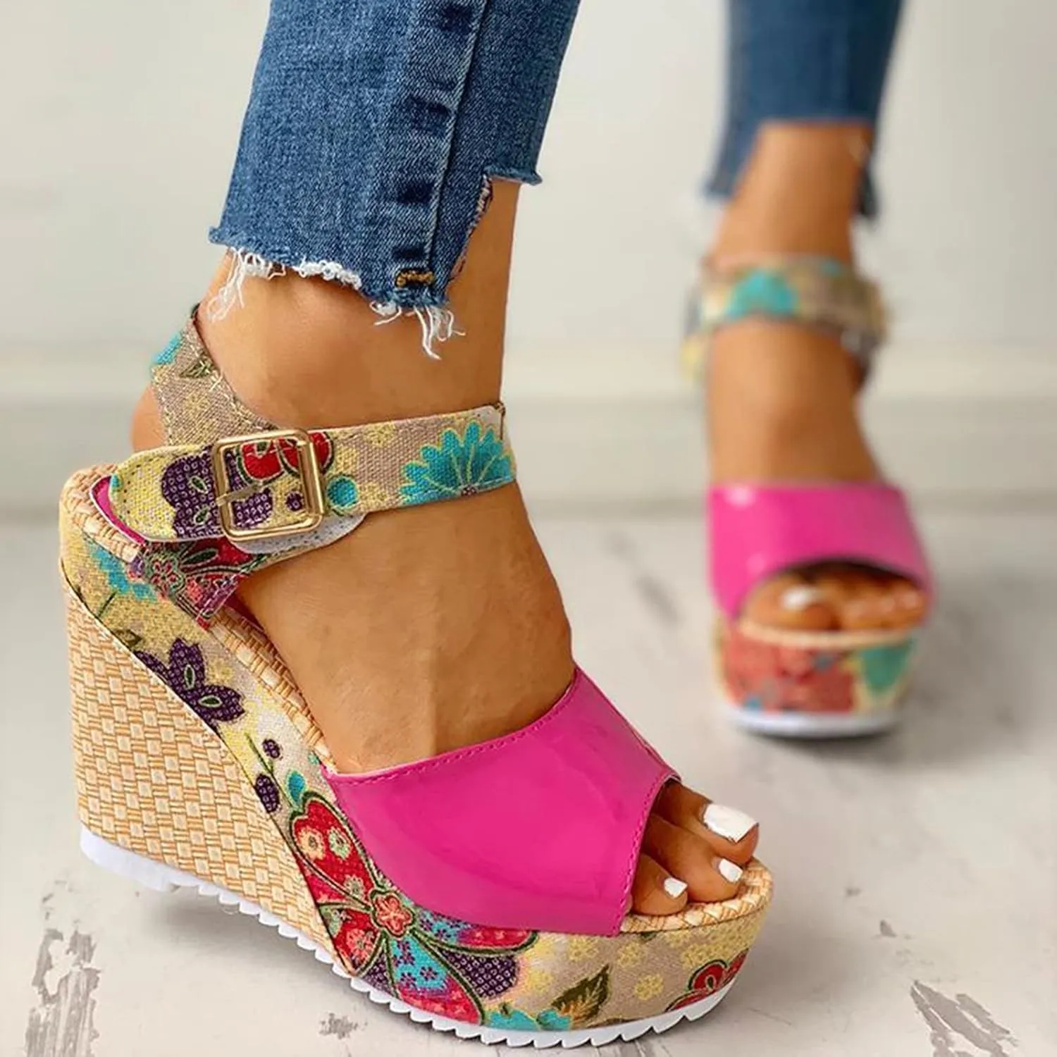 Women's Espadrille Wedges Sandals Heels Open Toe Platform Buckle Ankle Strap Summer Dress Shoes, Elegant Floral Classic Wedge Sandals Fish Mouth Breathable Espadrilles